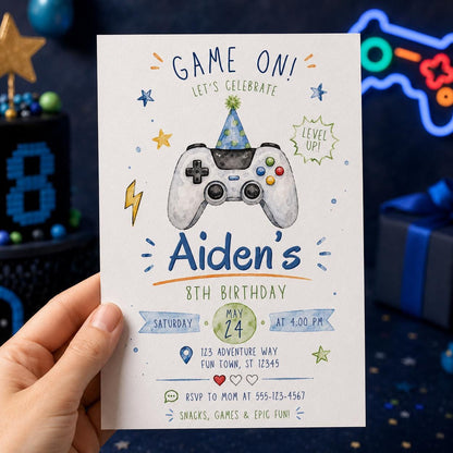 Video Game 8th Birthday Invitation for Boys — digital invitation, instant download