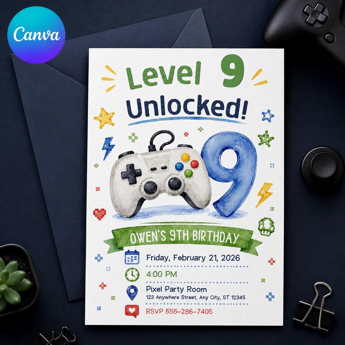 Video Game 9th Birthday Invitation — editable Canva template