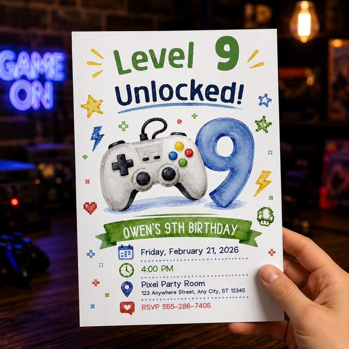 Video Game 9th Birthday Invitation — print-ready 9th birthday party design from VoltBy