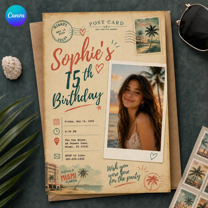 Vintage 15th Birthday Photo Invitation: Vintage Miami Postcard Teen Party for Girl — editable Canva template