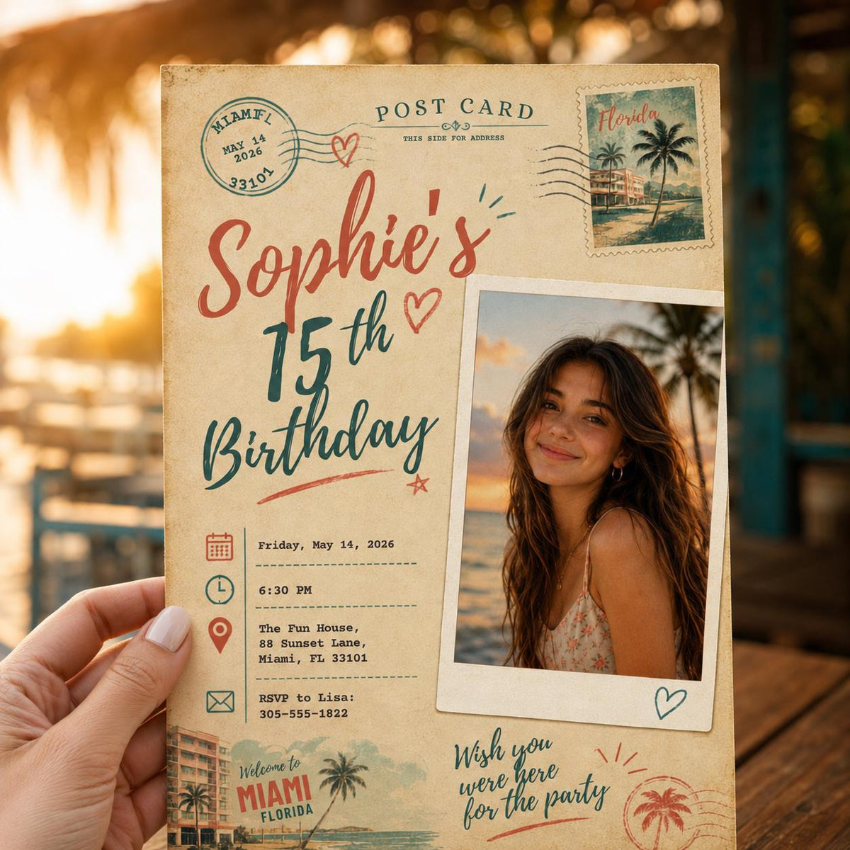 Vintage 15th Birthday Photo Invitation: Vintage Miami Postcard Teen Party for Girl — invitation you personalize in Canva