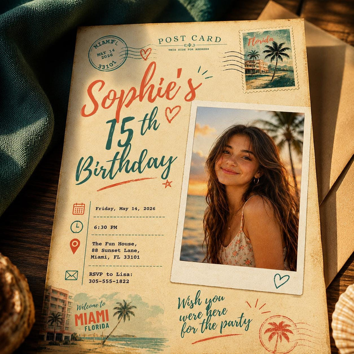 Vintage 15th Birthday Photo Invitation: Vintage Miami Postcard Teen Party for Girl — digital invitation, instant download