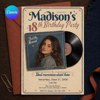 Vintage 18th Birthday Invitation — editable Canva template