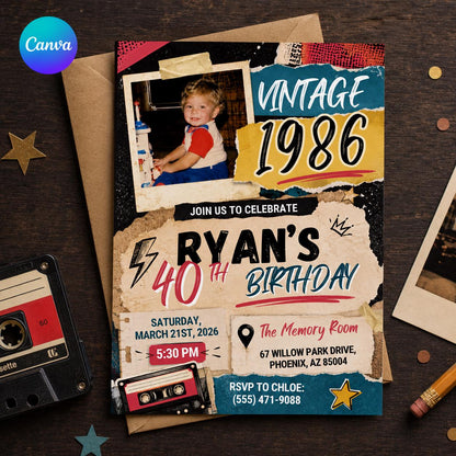 Vintage 1986 Photo Collage 40th Birthday Invitation — editable Canva template