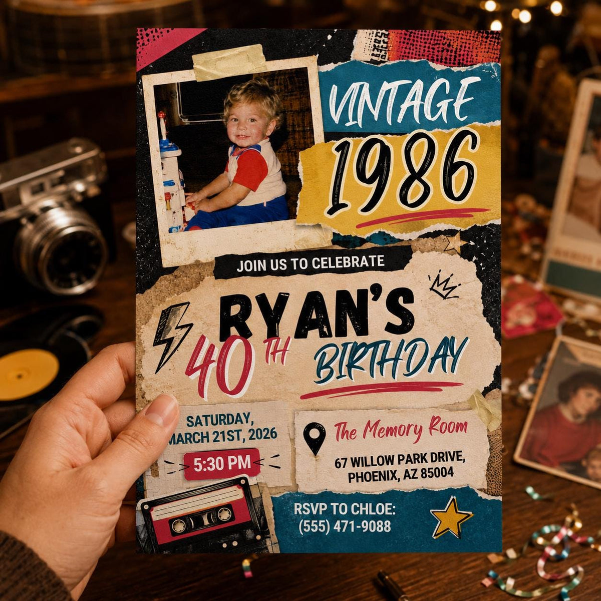 Vintage 1986 Photo Collage 40th Birthday Invitation — invitation you personalize in Canva