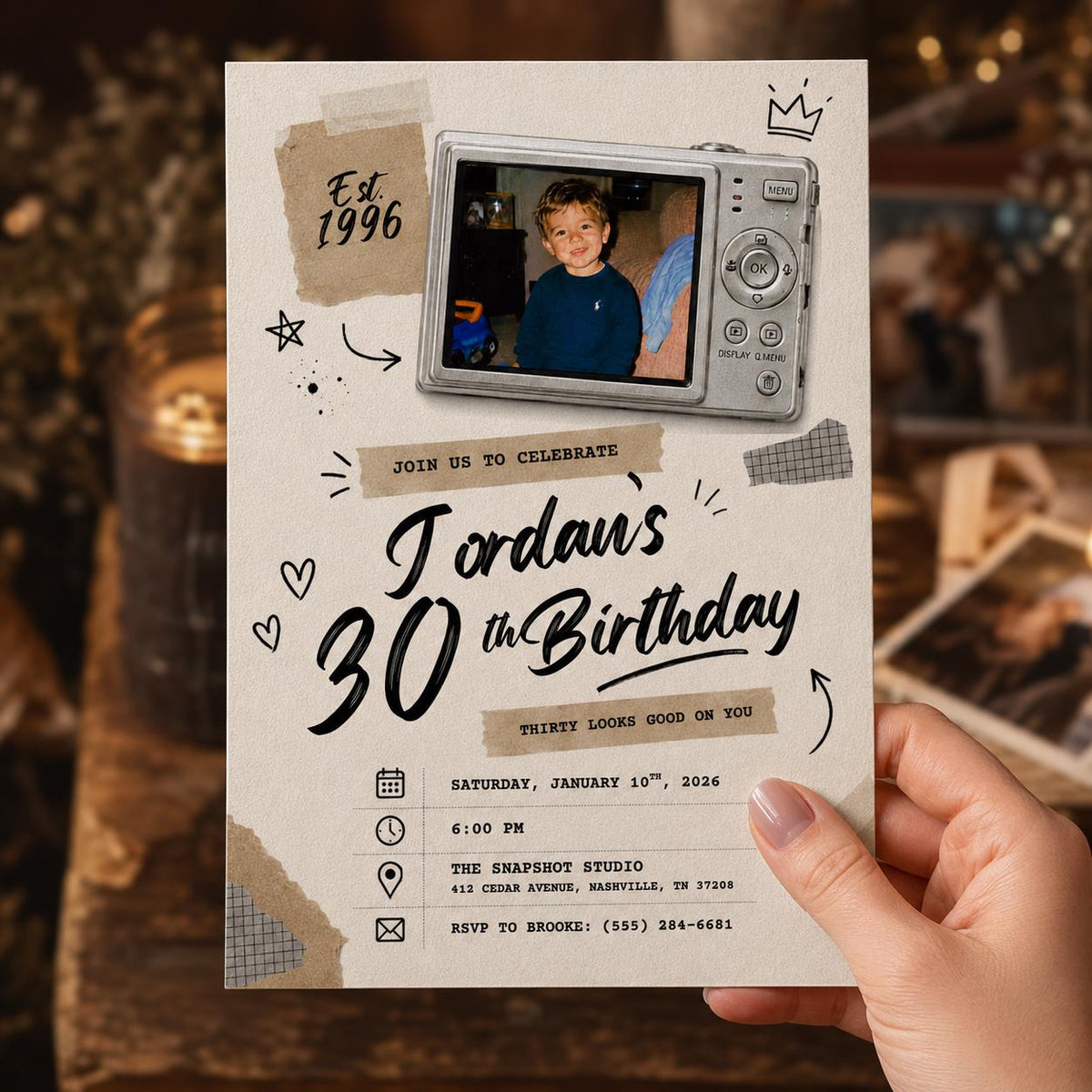 Vintage 1996 Digital Camera 30th Birthday Invitation — print-ready 30th birthday party design from VoltBy