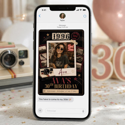 Vintage 1996 Photo 30th Birthday Invitation in black and cream