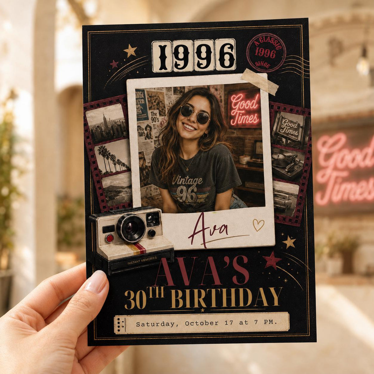 Vintage 1996 Photo 30th Birthday Invitation — camera and movie design