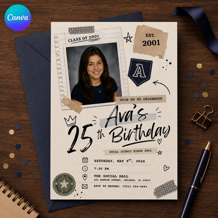 Vintage 25th Birthday Photo Invitation