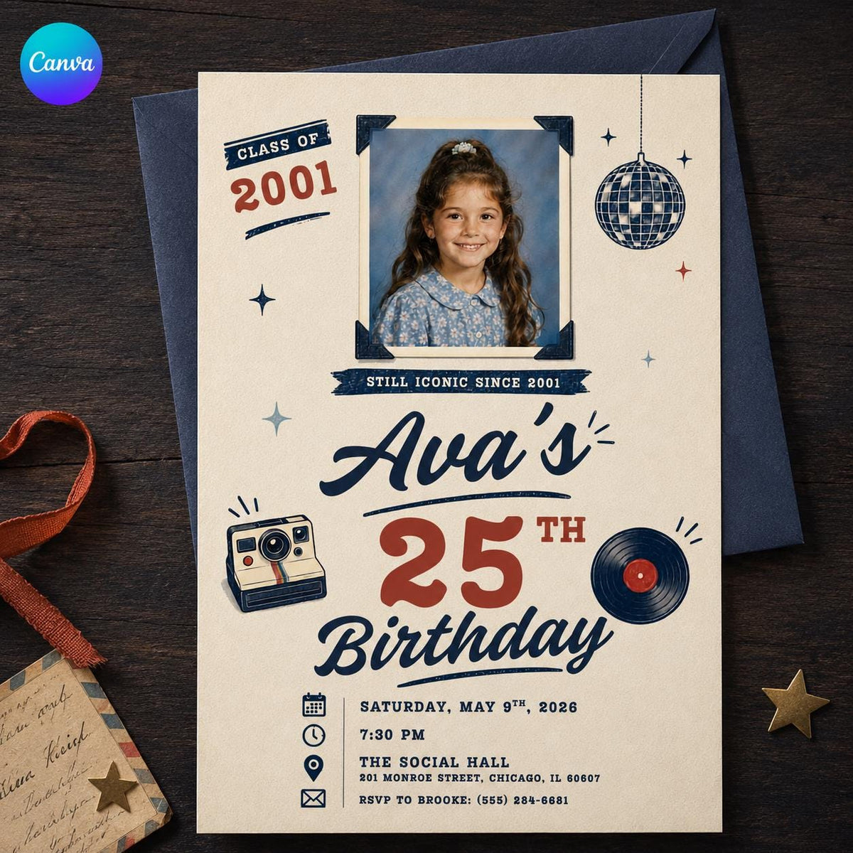 Vintage 25th Birthday Photo Invitation: Retro instant photo style Party — editable Canva template
