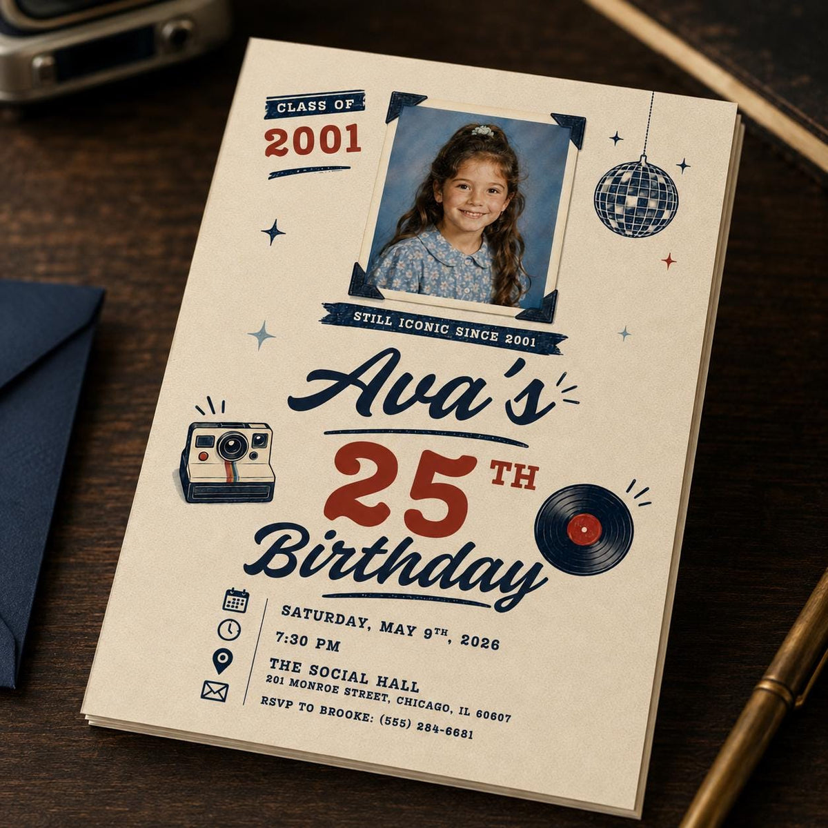 Vintage 25th Birthday Photo Invitation: Retro instant photo style Party — disco ball design