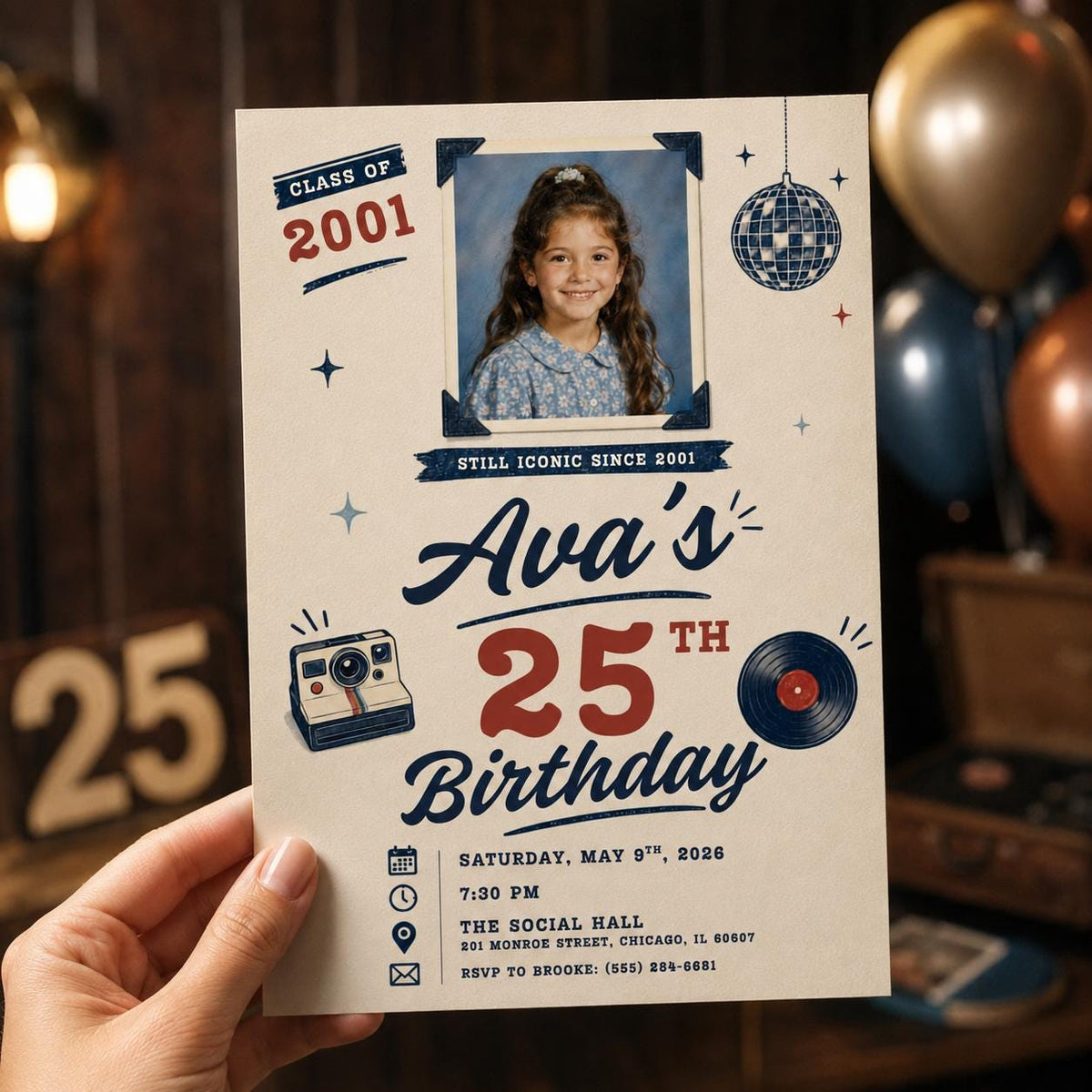 Vintage 25th Birthday Photo Invitation: Retro instant photo style Party — invitation you personalize in Canva