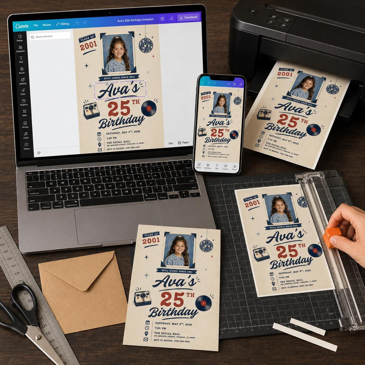 Vintage 25th Birthday Photo Invitation: Retro instant photo style Party — disco 25th birthday party design