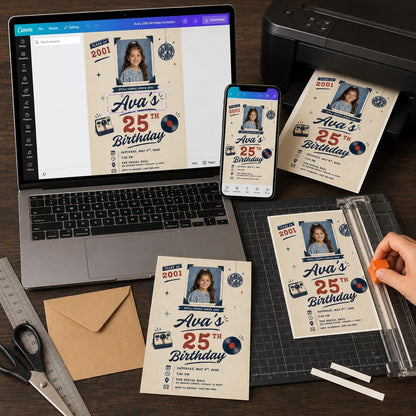 Vintage 25th Birthday Photo Invitation: Retro instant photo style Party — disco 25th birthday party design