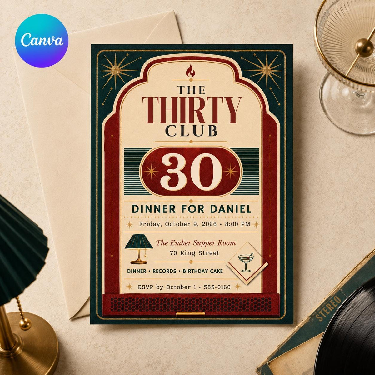 Vintage 30th Birthday Dinner Invitation — editable Canva template