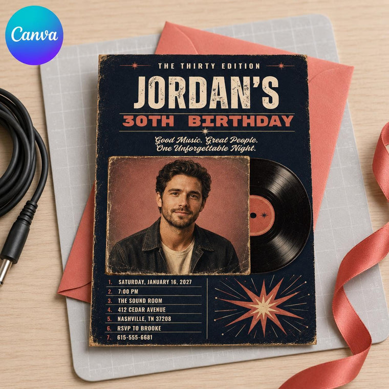 Vintage 30th Birthday Invitation: Vintage Vinyl Record Photo for Him