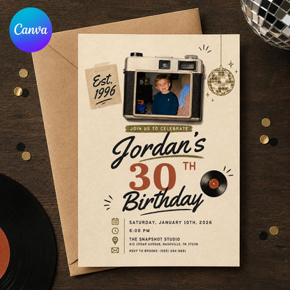 Vintage 30th Birthday Photo Invitation: Retro 1996 Camera Birthday for Him — editable Canva template