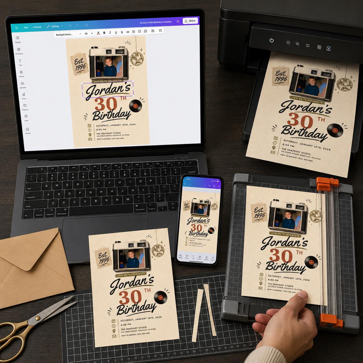 Vintage 30th Birthday Photo Invitation: Retro 1996 Camera Birthday for Him — invitation you personalize in Canva