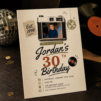 Vintage 30th Birthday Photo Invitation: Retro 1996 Camera Birthday for Him — print-ready 30th birthday party design