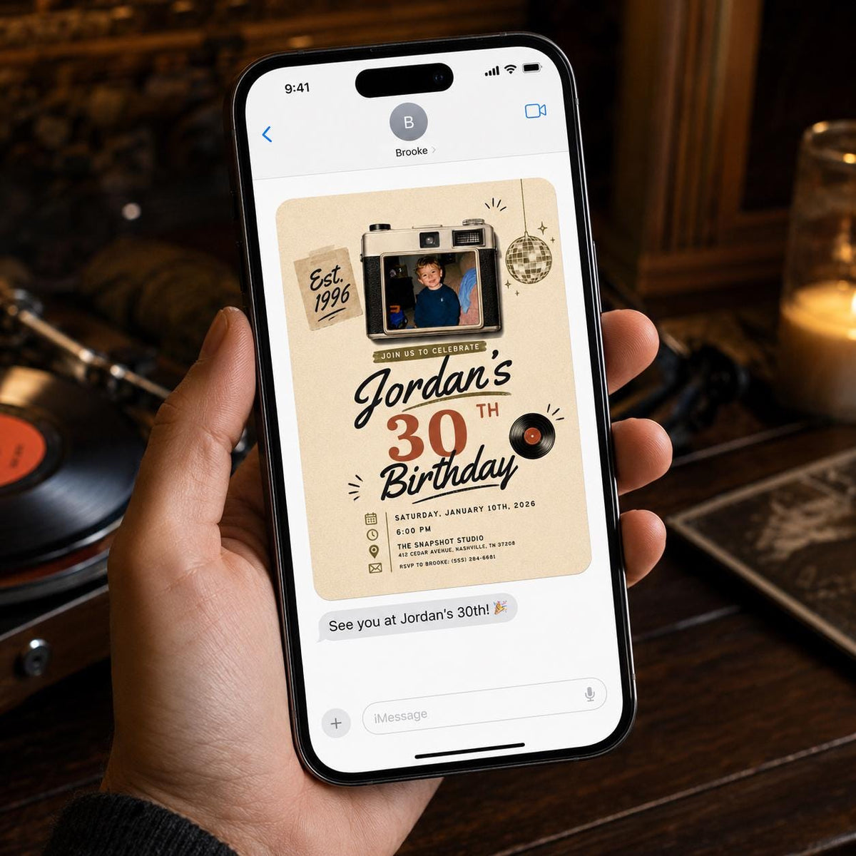 Vintage 30th Birthday Photo Invitation: Retro 1996 Camera Birthday for Him — digital invitation, instant download