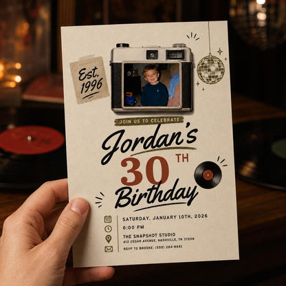 Vintage 30th Birthday Photo Invitation: Retro 1996 Camera Birthday for Him — 30th birthday party stationery by VoltBy