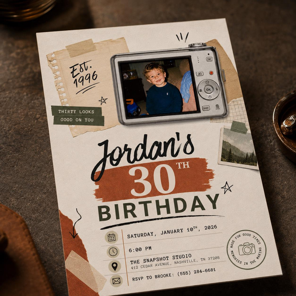 Vintage 30th Birthday Photo Invitation: Retro Digital Camera — invitation you personalize in Canva