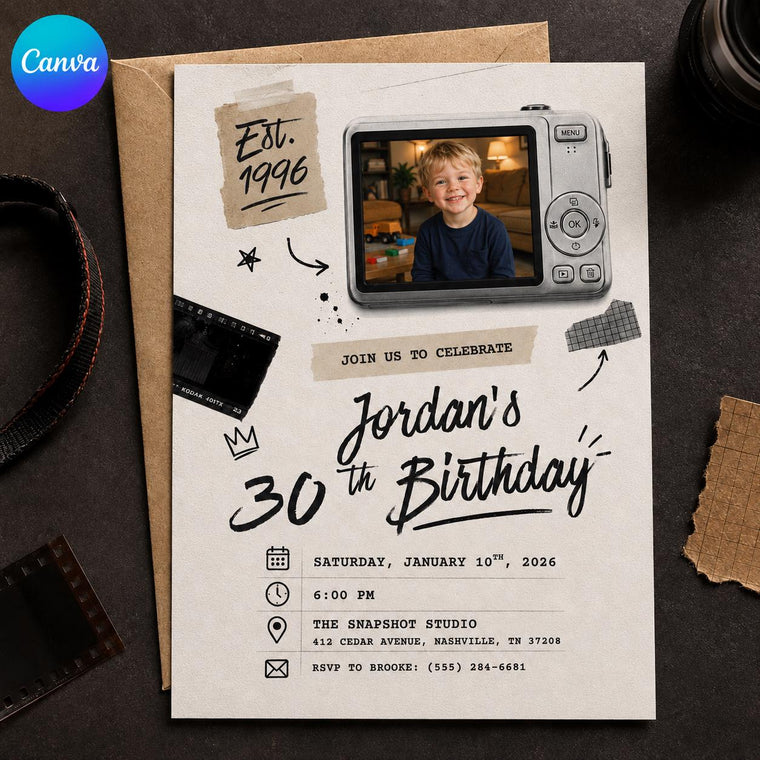 Vintage 30th Birthday Photo Invitation: Vintage 1996 Retro Camera