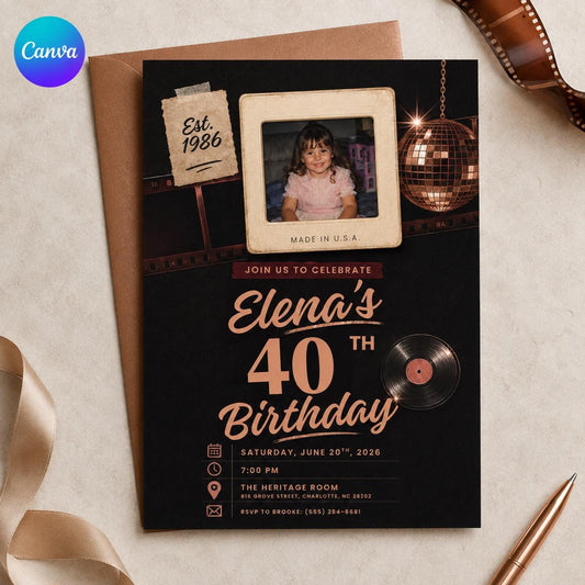 Vintage 40th Birthday Photo Invitation: Retro Disco Milestone — editable Canva template