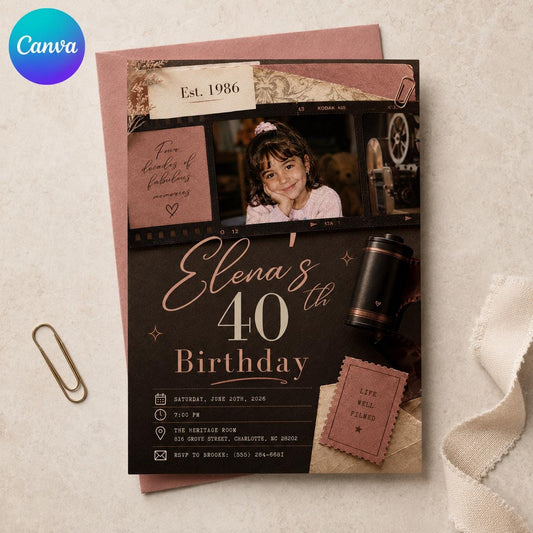Vintage 40th Birthday Photo Invitation: Vintage Film Camera Party — editable Canva template