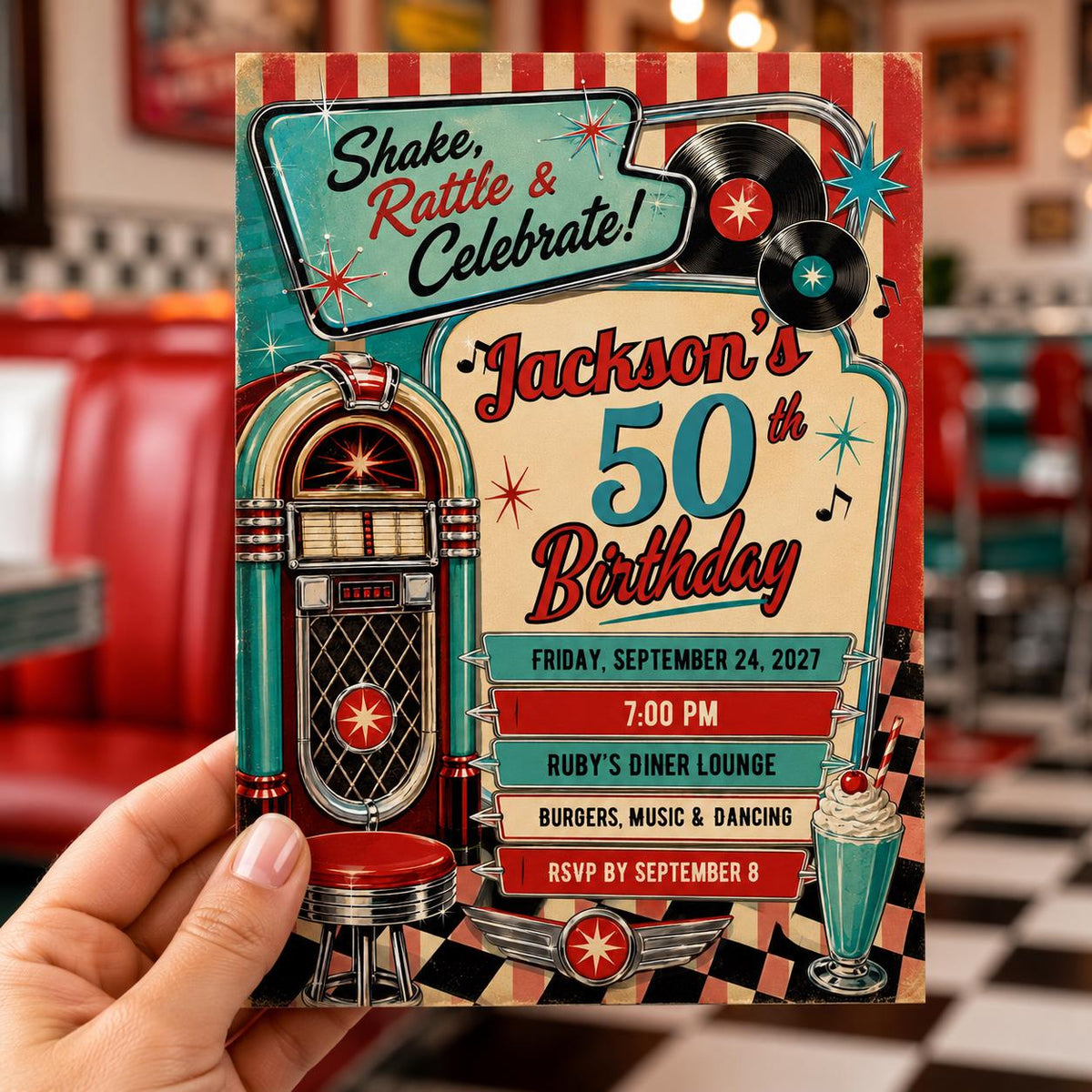 Vintage 50th Birthday Invitation: Retro Diner Rock and Roll Party — invitation you personalize in Canva