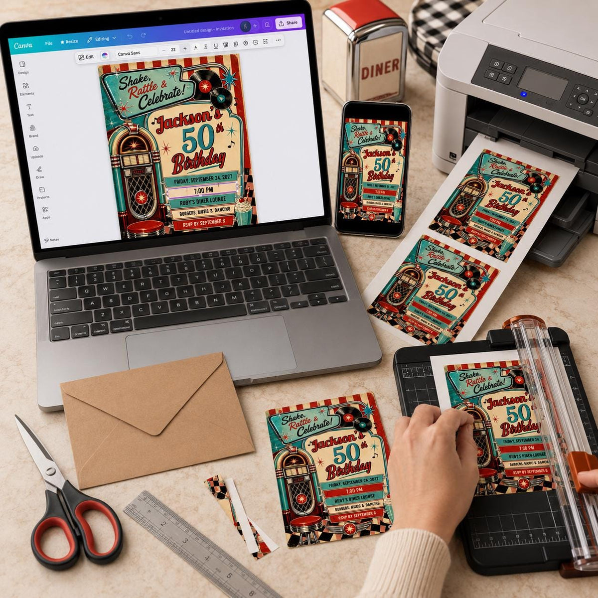 Vintage 50th Birthday Invitation: Retro Diner Rock and Roll Party — print-ready 50th birthday party design from VoltBy