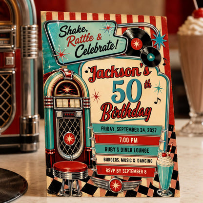 Vintage 50th Birthday Invitation: Retro Diner Rock and Roll Party — digital invitation, instant download