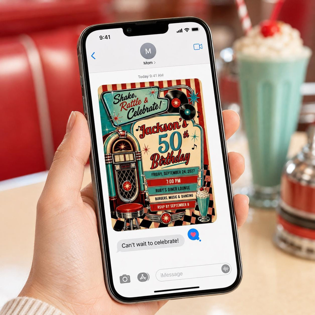 Vintage 50th Birthday Invitation: Retro Diner Rock and Roll Party — 50th birthday party stationery by VoltBy