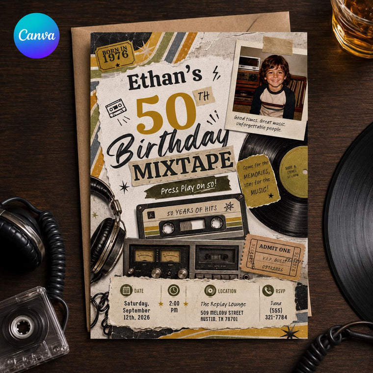Vintage 50th Birthday Mixtape Invitation