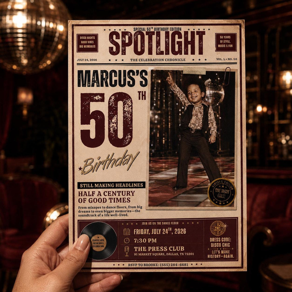 Vintage 50th Birthday Newspaper Invitation — disco ball design