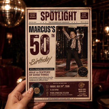 Vintage 50th Birthday Newspaper Invitation — disco ball design