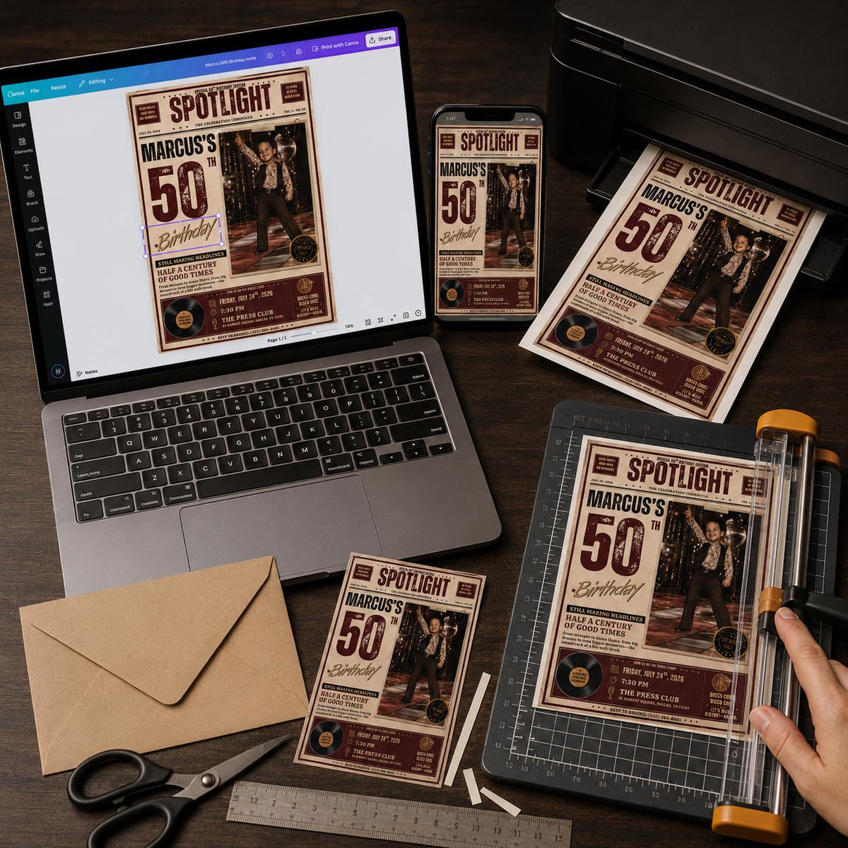 Vintage 50th Birthday Newspaper Invitation — invitation you personalize in Canva
