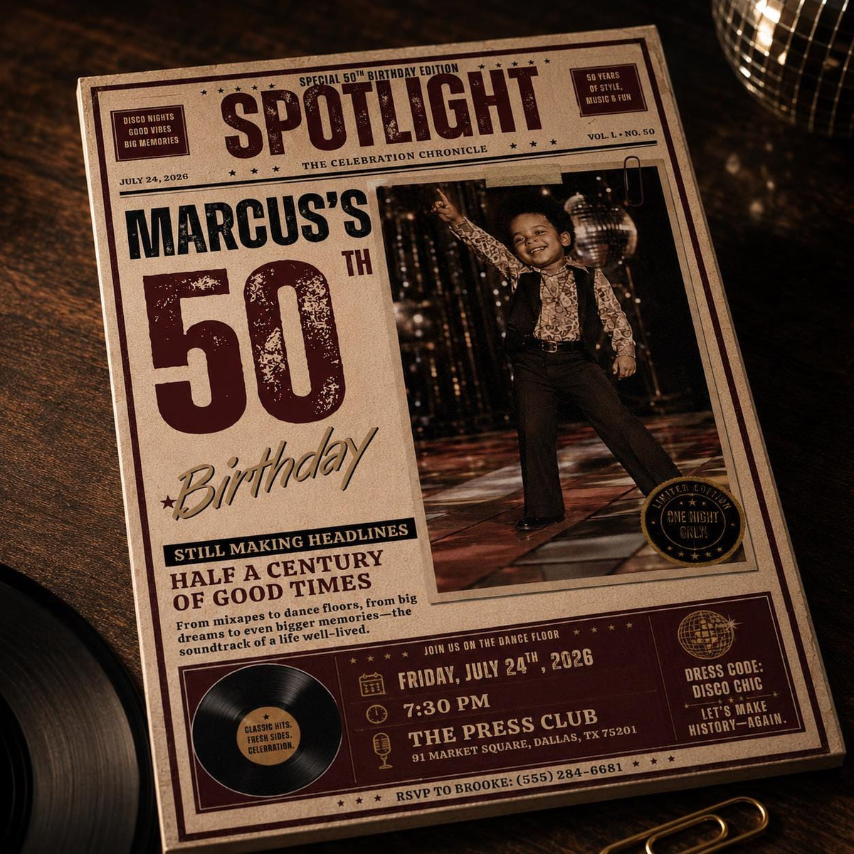 Vintage 50th Birthday Newspaper Invitation — disco 50th birthday party design