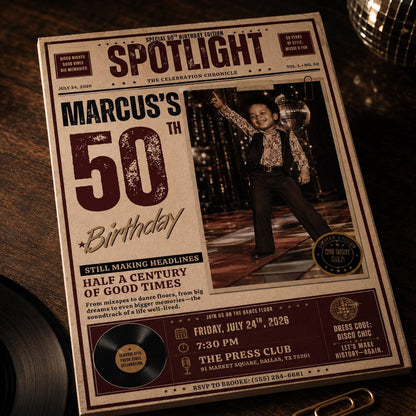 Vintage 50th Birthday Newspaper Invitation — disco 50th birthday party design