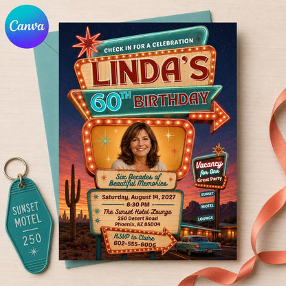 Vintage 60th Birthday Invitation: Retro Vegas Motel Sign Photo — editable Canva template