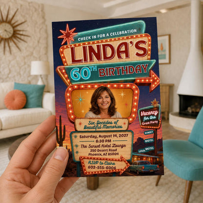 Vintage 60th Birthday Invitation: Retro Vegas Motel Sign Photo — print-ready 60th birthday party design from VoltBy
