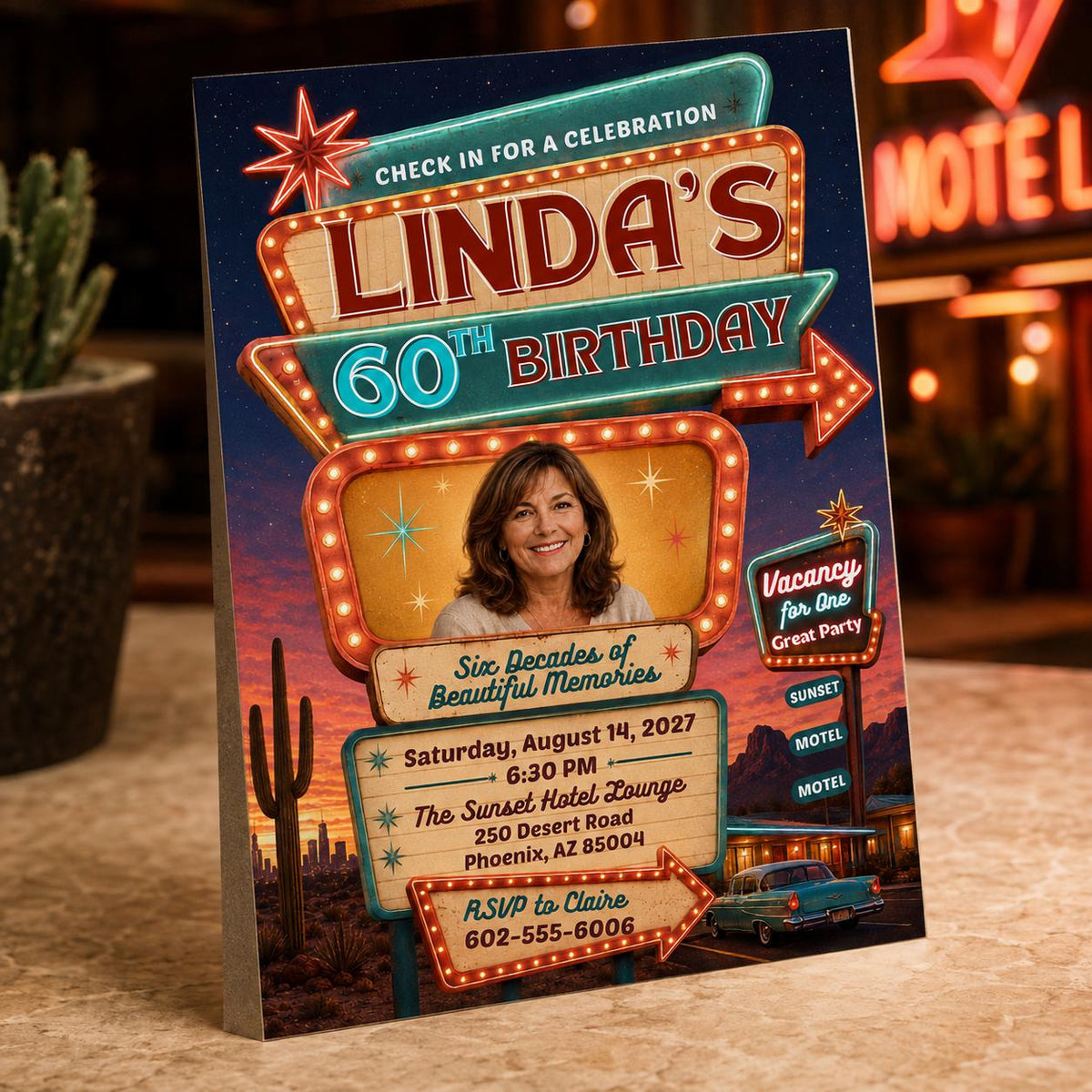 Vintage 60th Birthday Invitation: Retro Vegas Motel Sign Photo — 60th birthday party stationery by VoltBy