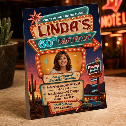 Vintage 60th Birthday Invitation: Retro Vegas Motel Sign Photo — 60th birthday party stationery by VoltBy