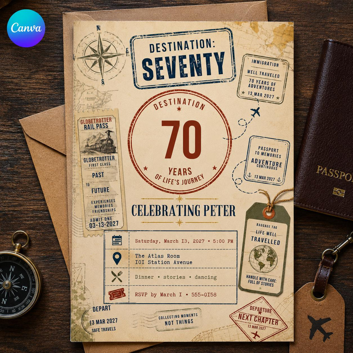 Vintage 70th Birthday Invitation — editable Canva template