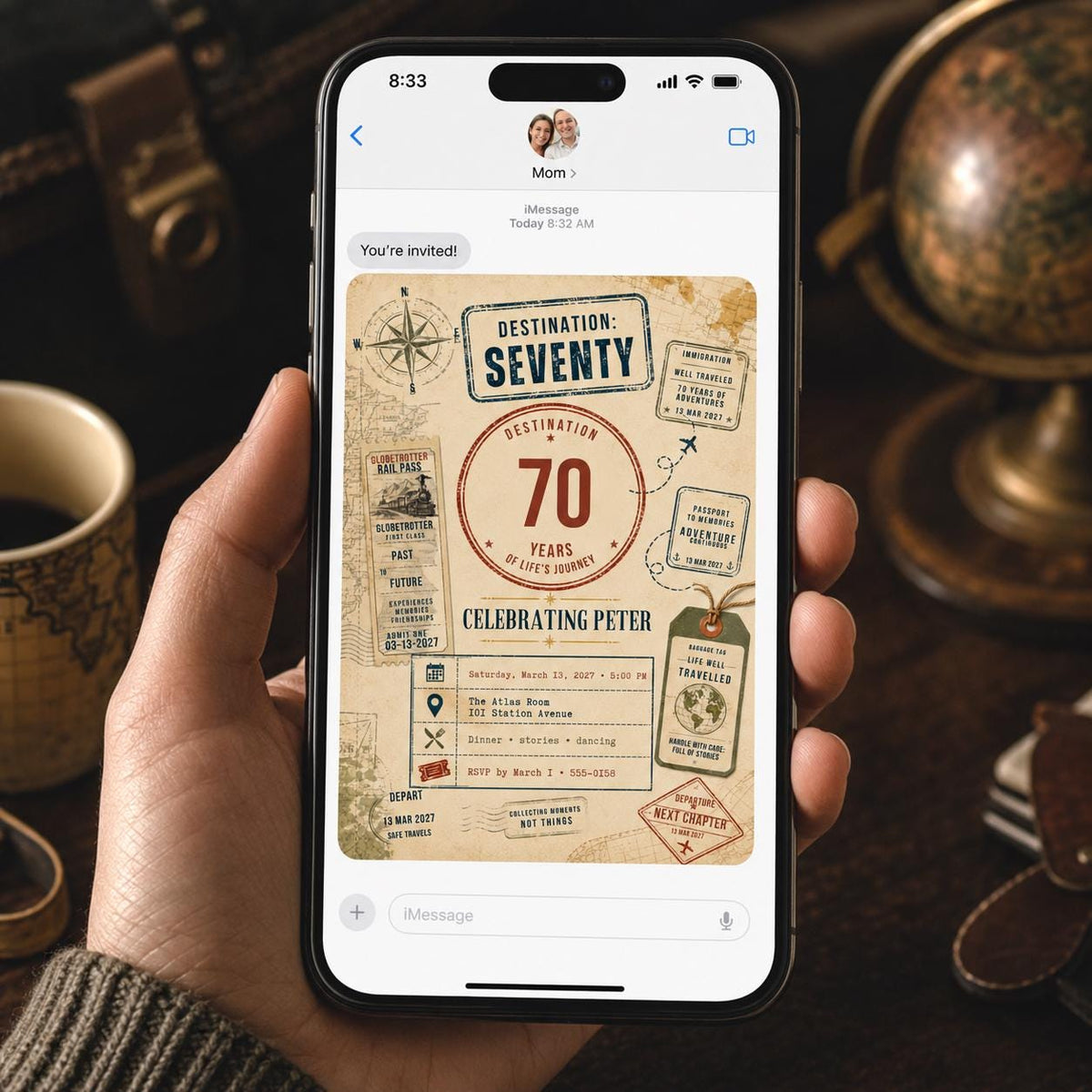 Vintage 70th Birthday Invitation — travel design