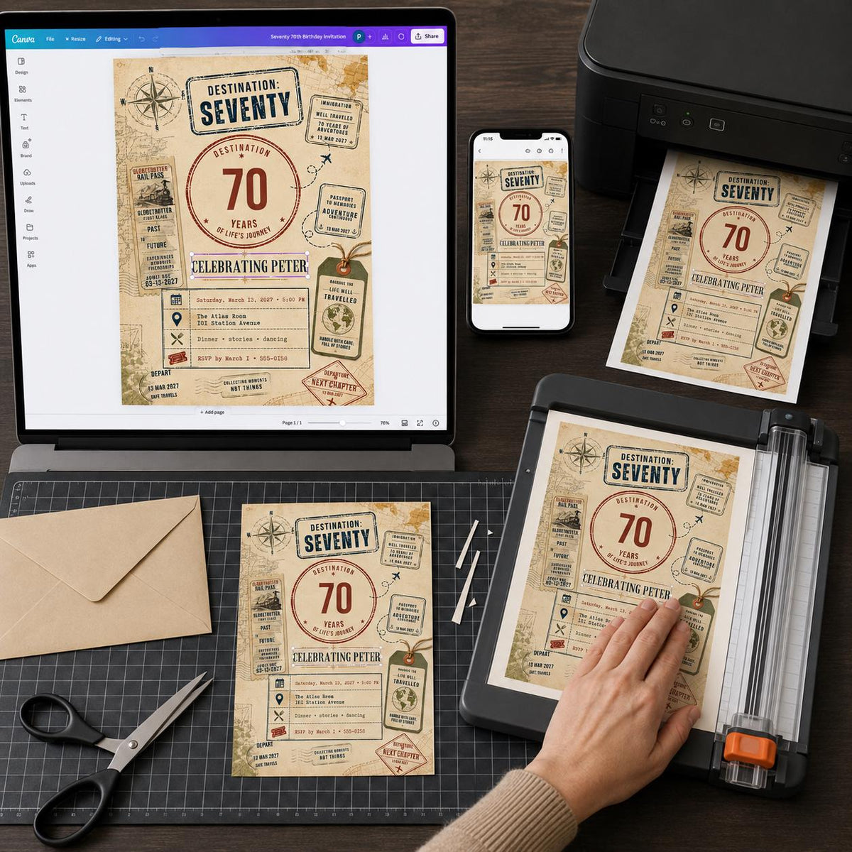 Vintage 70th Birthday Invitation — print-ready 70th birthday party design from VoltBy