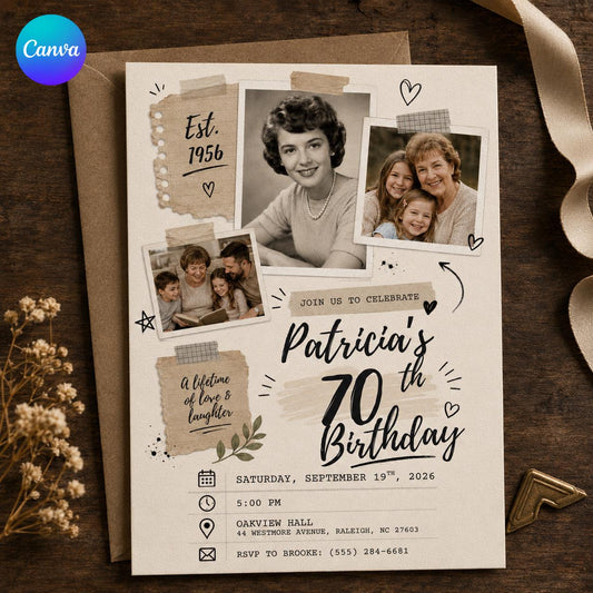Vintage 70th Birthday Photo Invitation: Vintage Scrapbook Family Collage Party for Her — editable Canva template
