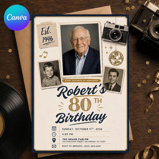 Vintage 80th Birthday Invitation with Photos — editable Canva template