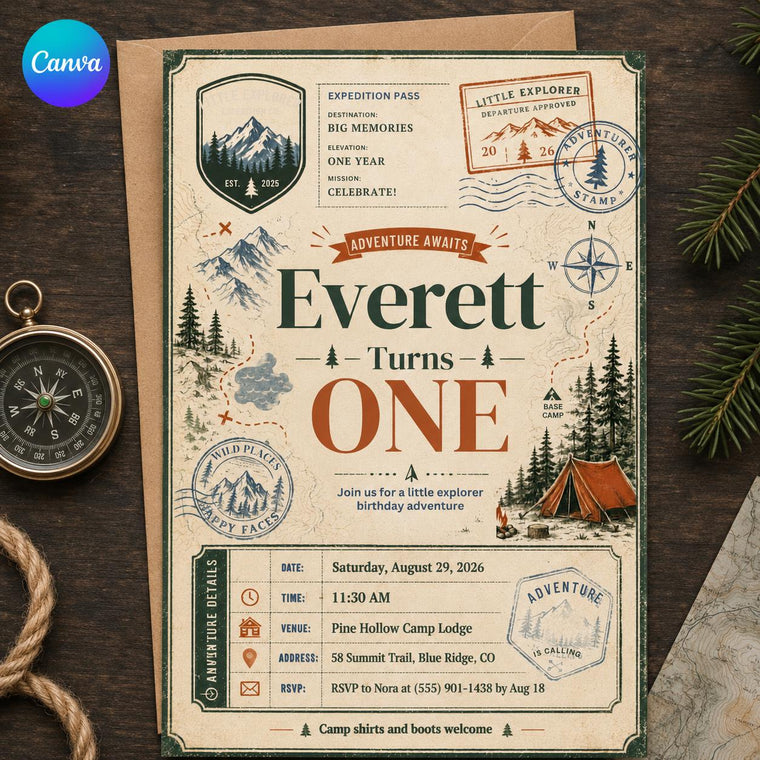 Vintage Adventure First Birthday Invitation