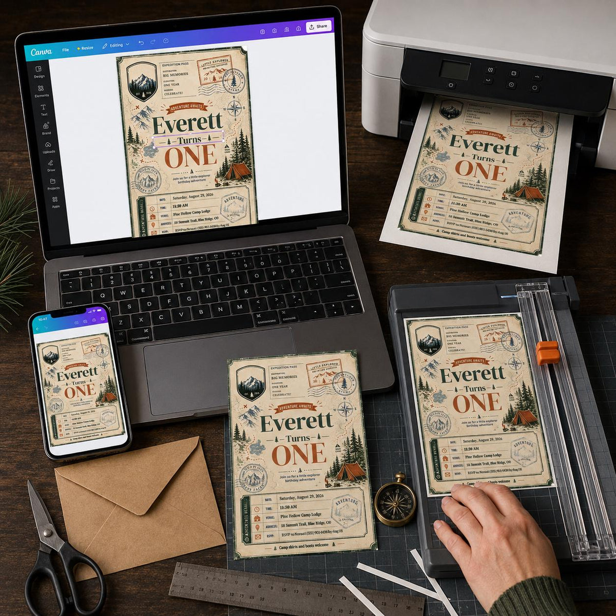 Vintage Adventure First Birthday Invitation — print-ready first birthday design from VoltBy